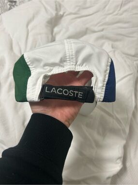 Lacoste White Strapback Cap with Green & Blue Panels